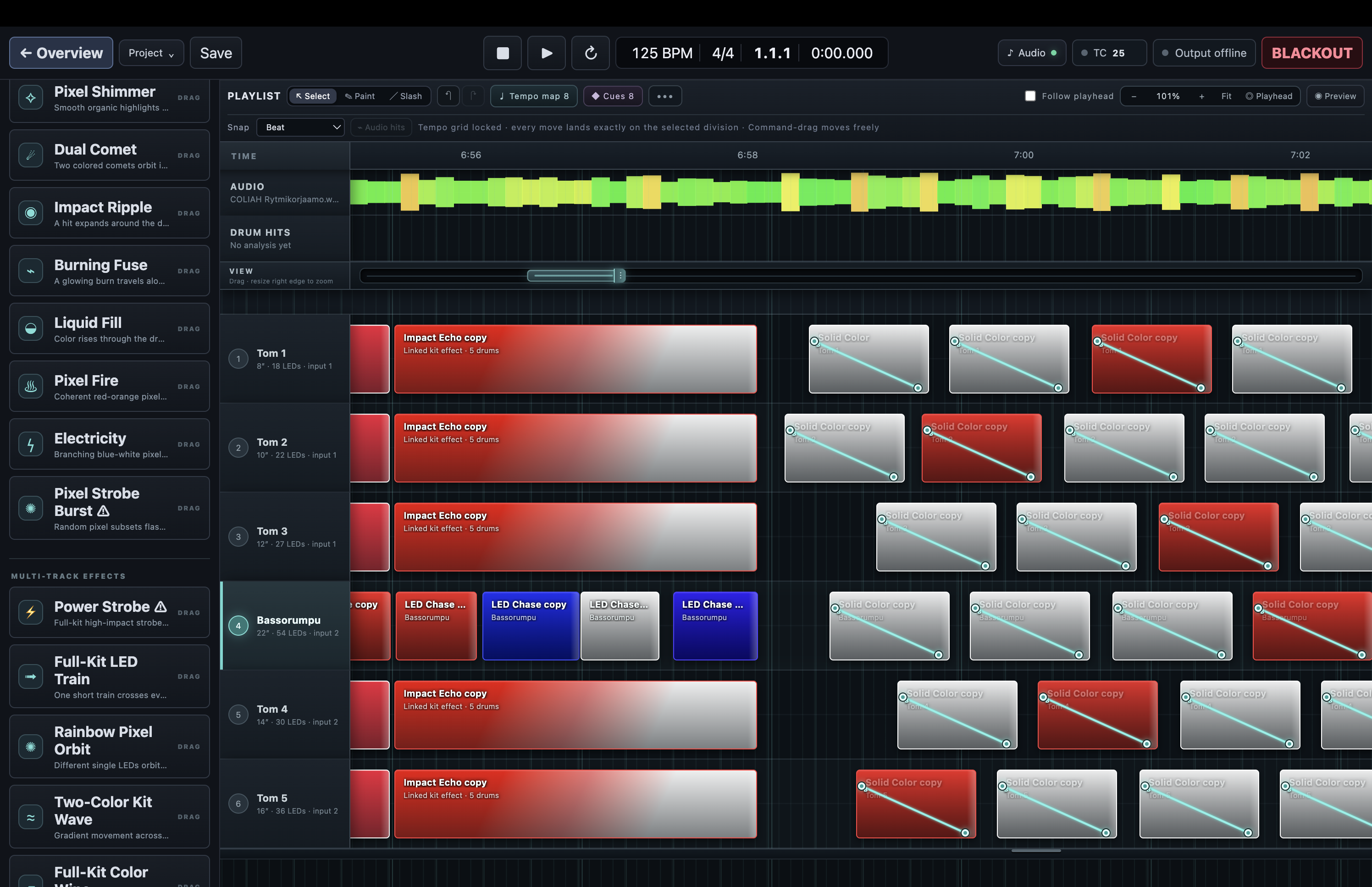 The current DrumLight Studio private beta editor with the Effects library open